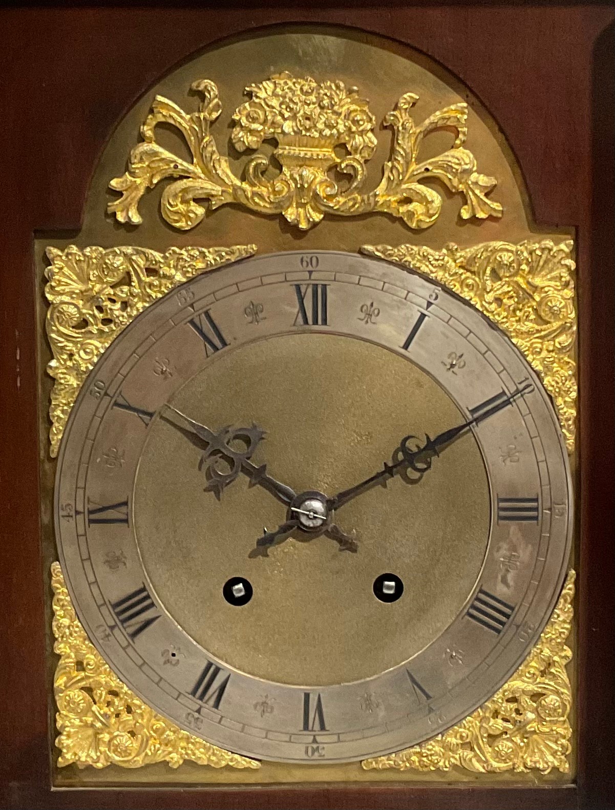 A George II style gilt metal mounted mahogany bracket clock, 18.5cm arched brass dial with - Image 5 of 7