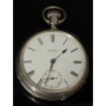 A silver open face pocket watch, by the American Watch Co., Hillside, Waltham, 4cm white dial