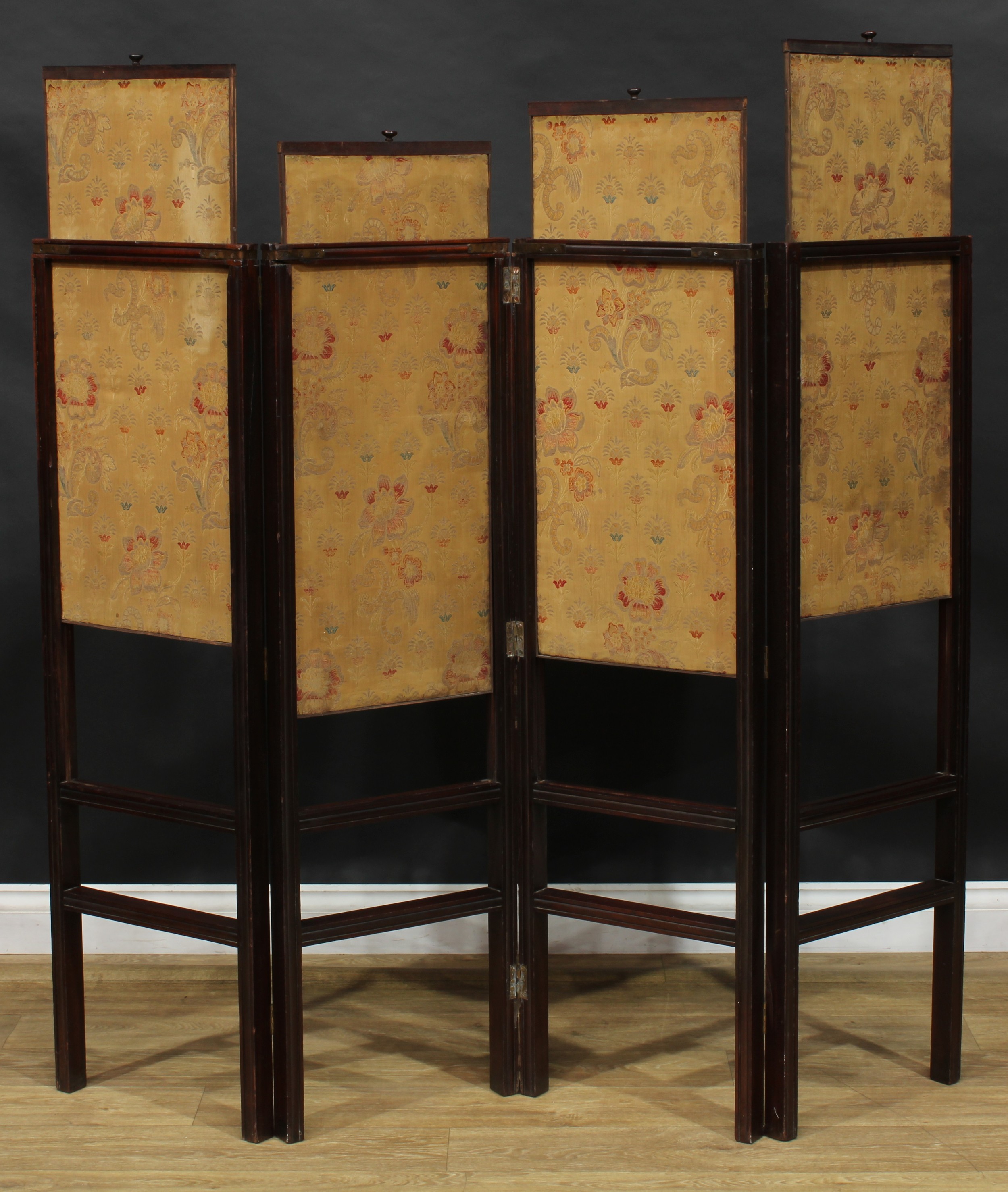 A 19th century mahogany four-fold screen, pull-up banners, 124cm high, each panel 38cm wide - Image 2 of 3