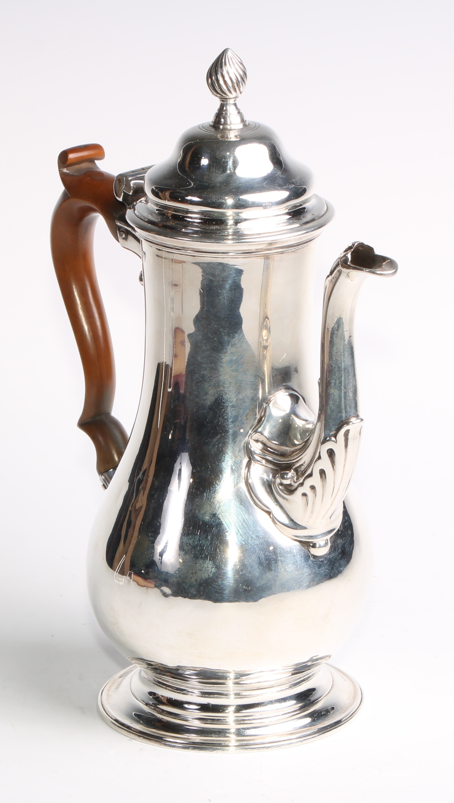 An early George III silver baluster pedestal coffee pot, hinged domed cover with spiral knop finial, - Image 3 of 7