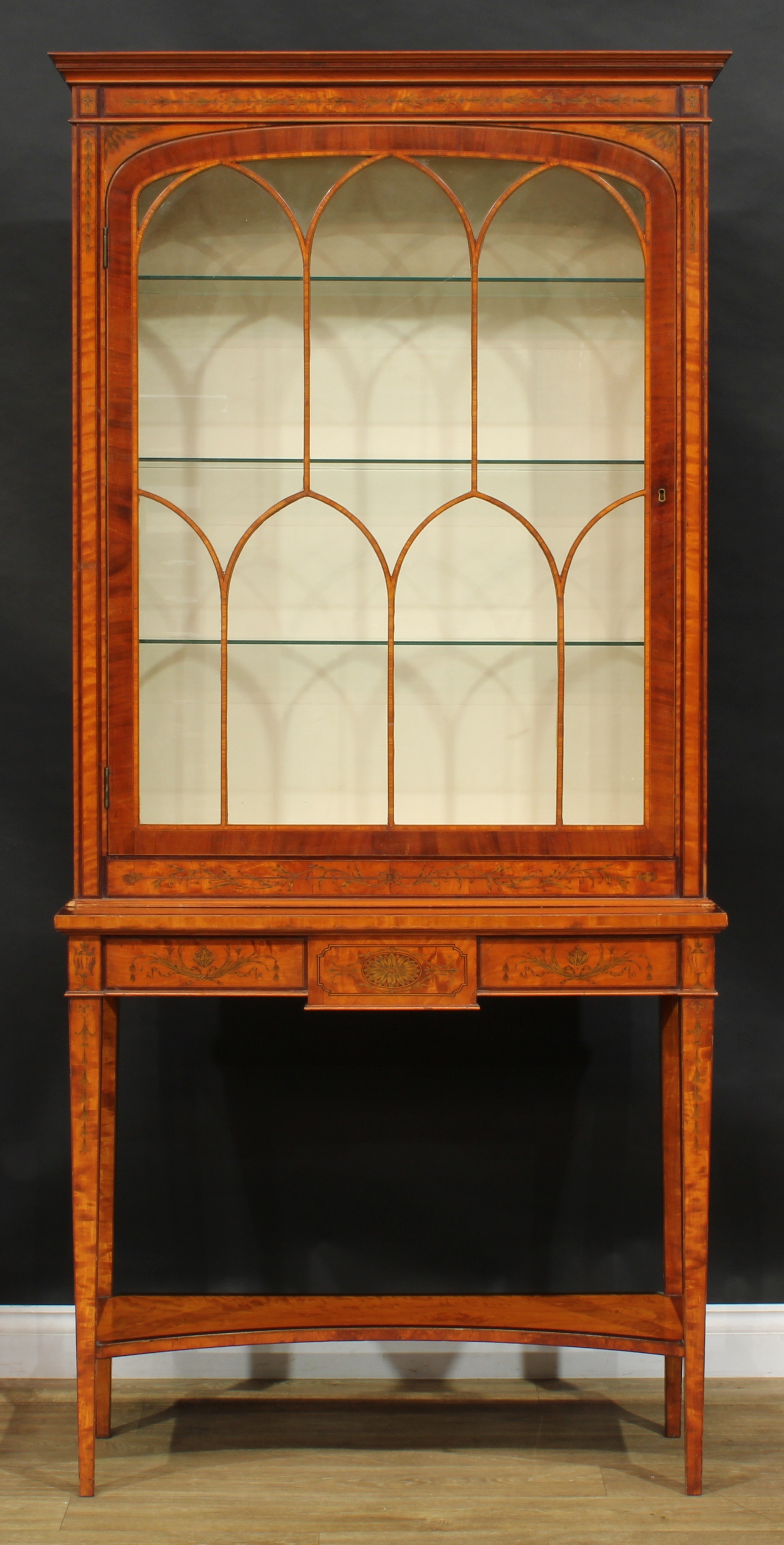 A Sheraton Revival mahogany crossbanded satinwood and marquetry display cabinet on stand, moulded - Image 2 of 5