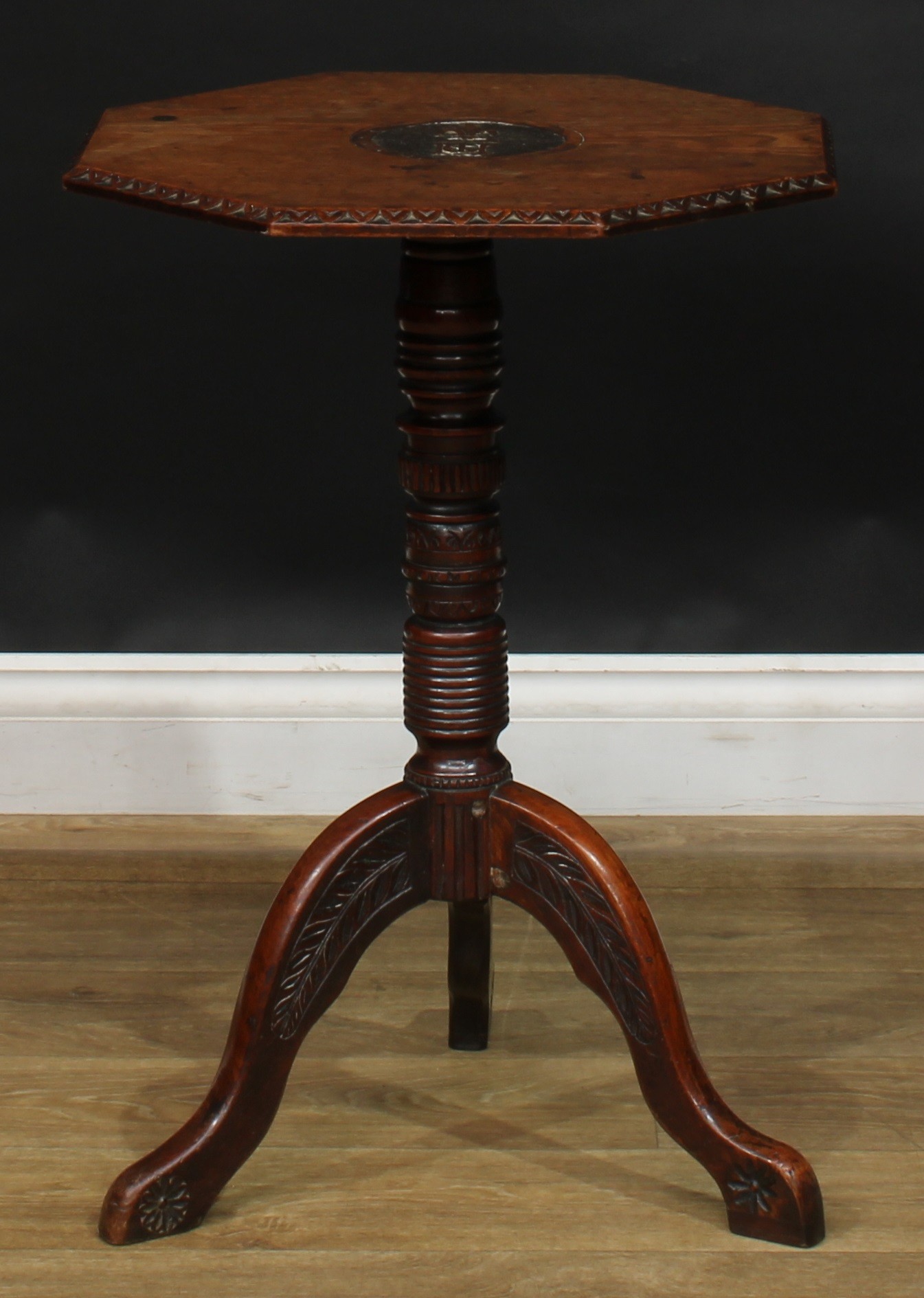 A 19th century oak tripod occasional table, possibly Masonic, octagonal top carved in relief with - Image 2 of 5