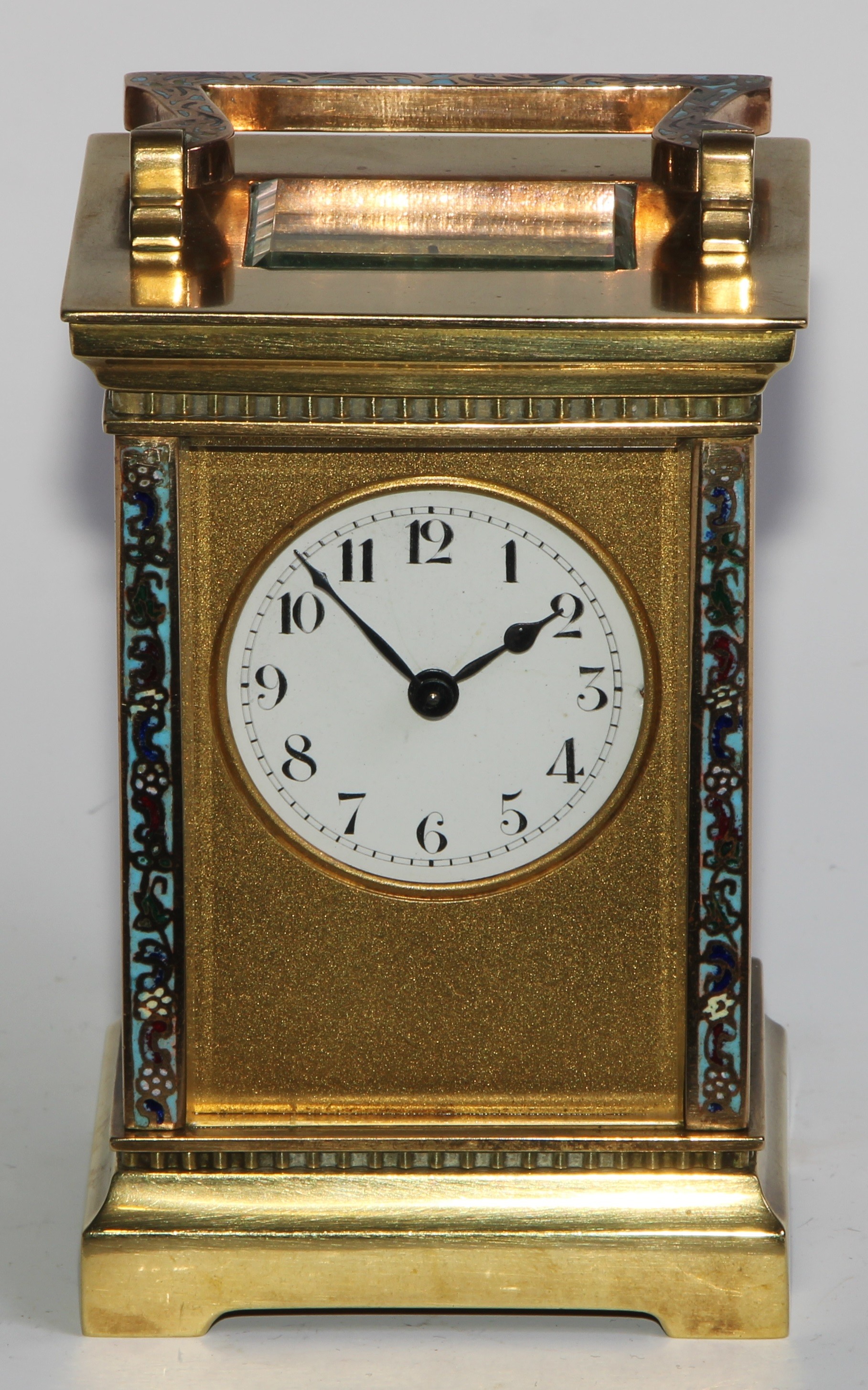 A French gilt brass and champleve enamel carriage timepiece, 4.5cm circular enamel dial inscribed - Image 3 of 8