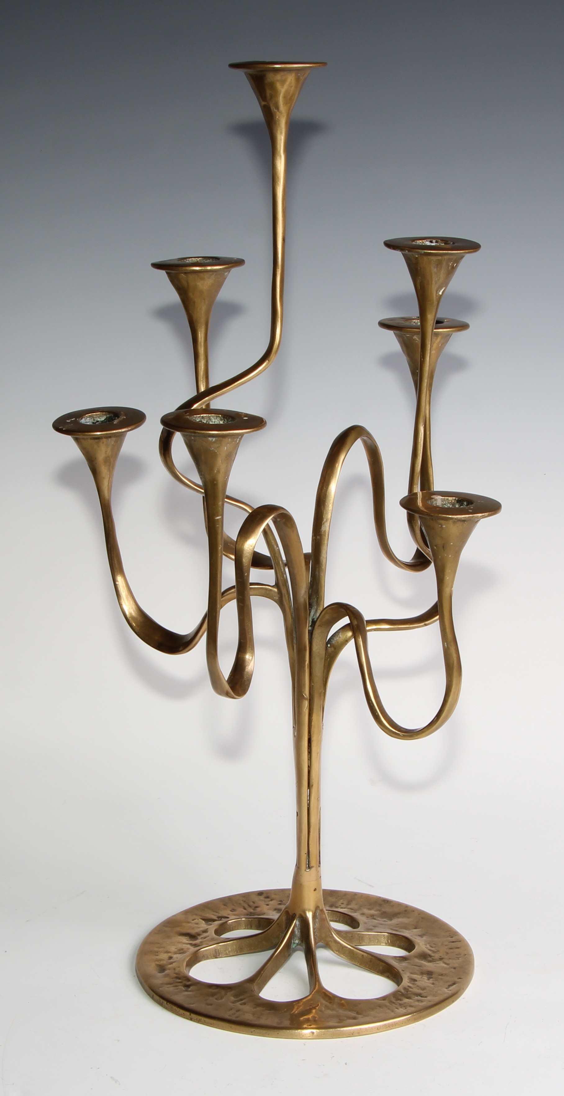 A Jugendstil or Art Nouveau style brass seven-light candelabrum, possibly Bäckhaus Solingen, sinuous - Image 2 of 4
