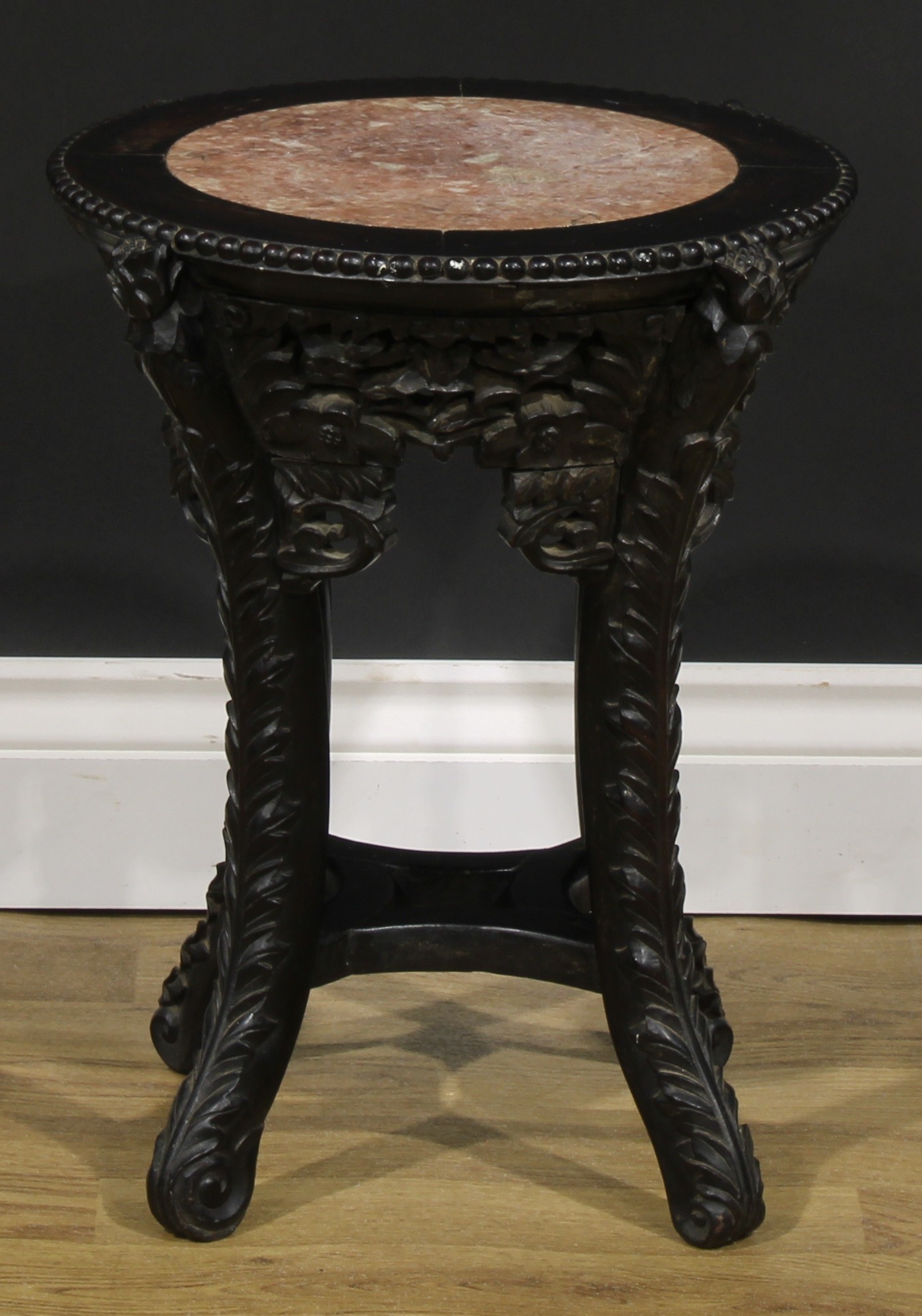 A Chinese hardwood jardiniere stand, circular top with beaded border and inset marble panel, - Image 2 of 5