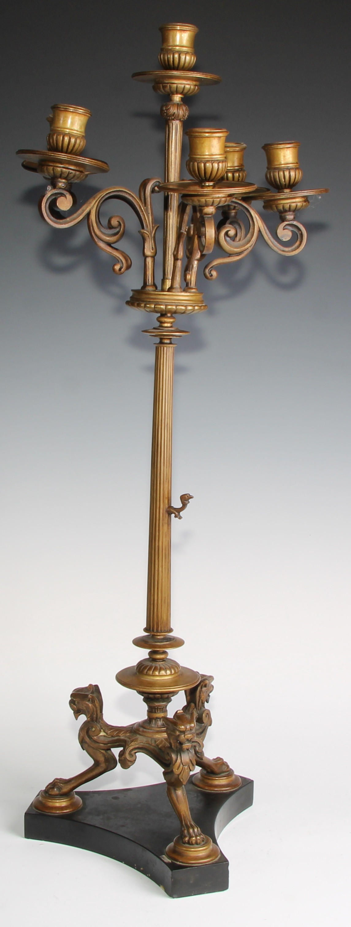 A pair of tall 19th century French bronze five-light candelabra, in the Grand Tour taste, half- - Image 4 of 6