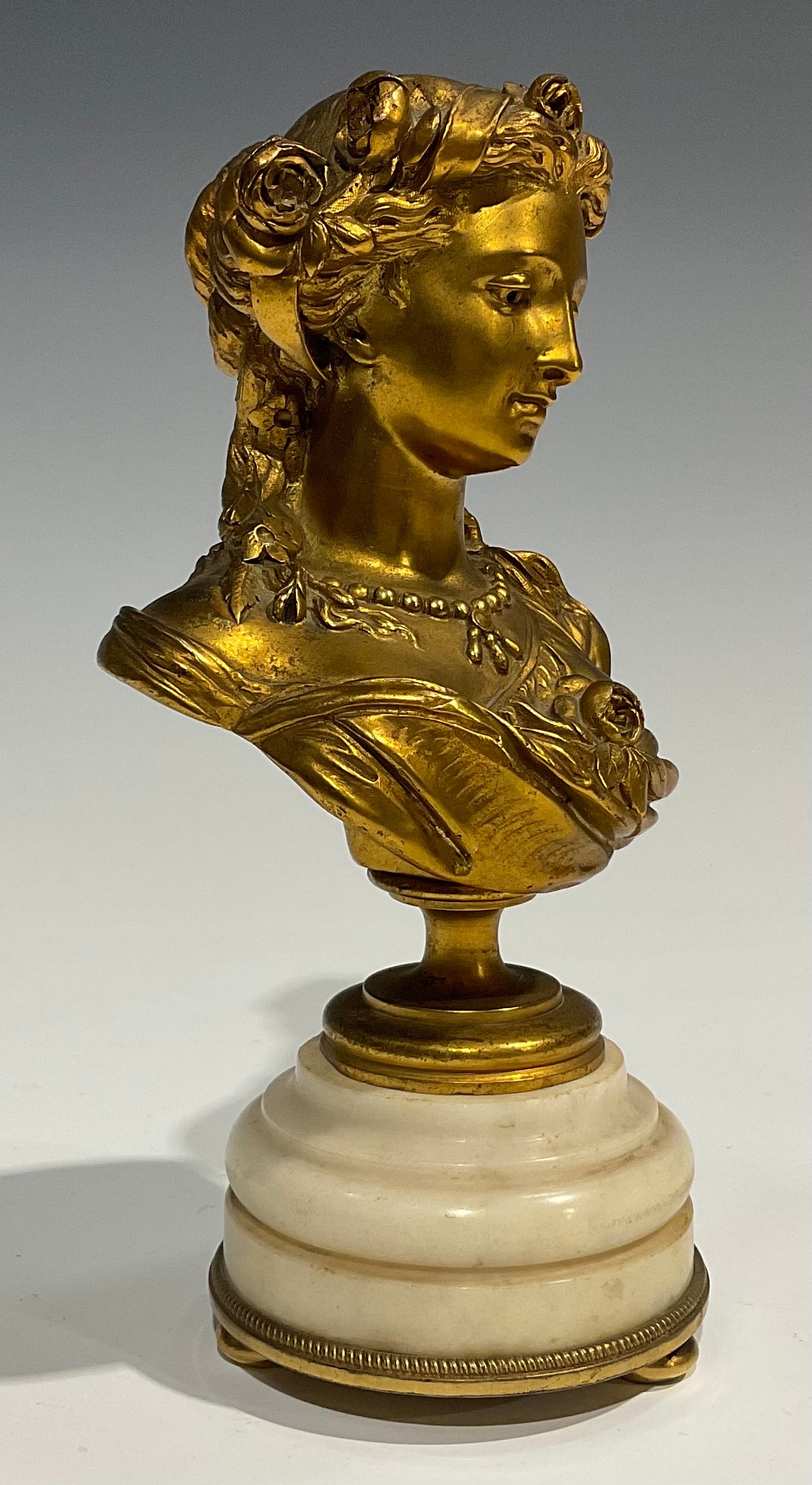 Albert-Ernest Carrier Belleuse (1824 - 1887), after, a gilt bronze bust, of a classical beauty, - Image 3 of 6