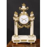 A 19th century French gilt metal mounted marble portico clock, 11cm enamel dial inscribed