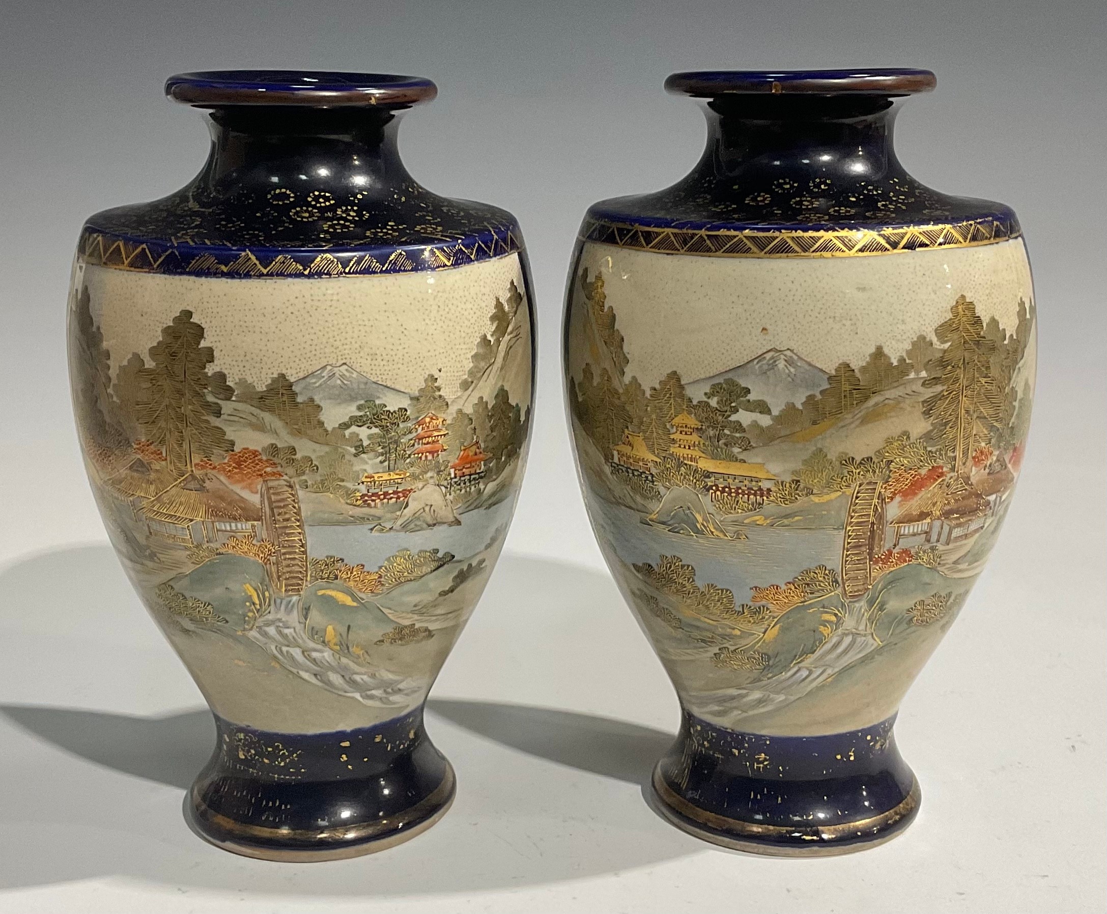 A pair of Japanese satsuma baluster vases, decorated with traditional landscape and bird panels, - Image 2 of 12