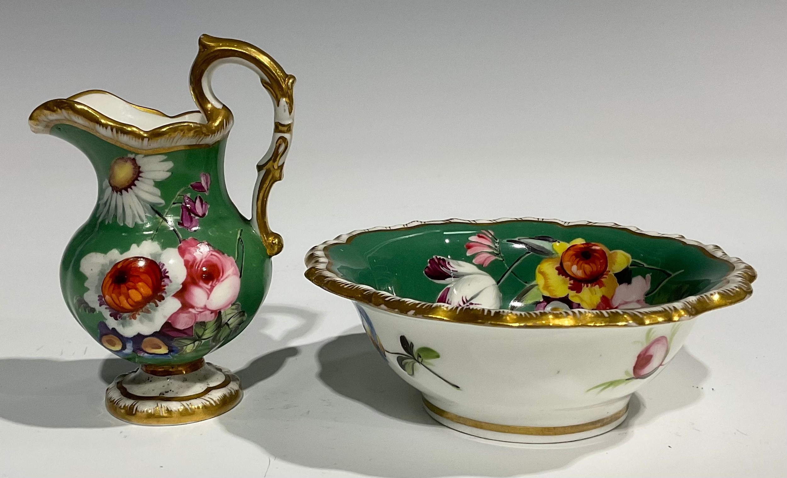 An English porcelain miniature jug and bowl, probably Rockingham, painted with flowers on a green - Image 4 of 12