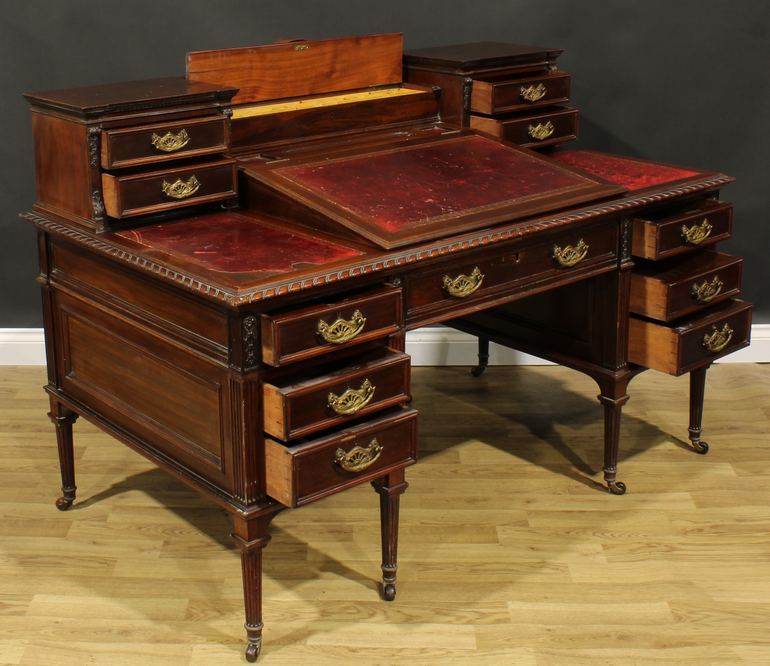 A late Victorian mahogany twin pedestal Dickens desk, shaped superstructure with hinged covered - Image 5 of 5