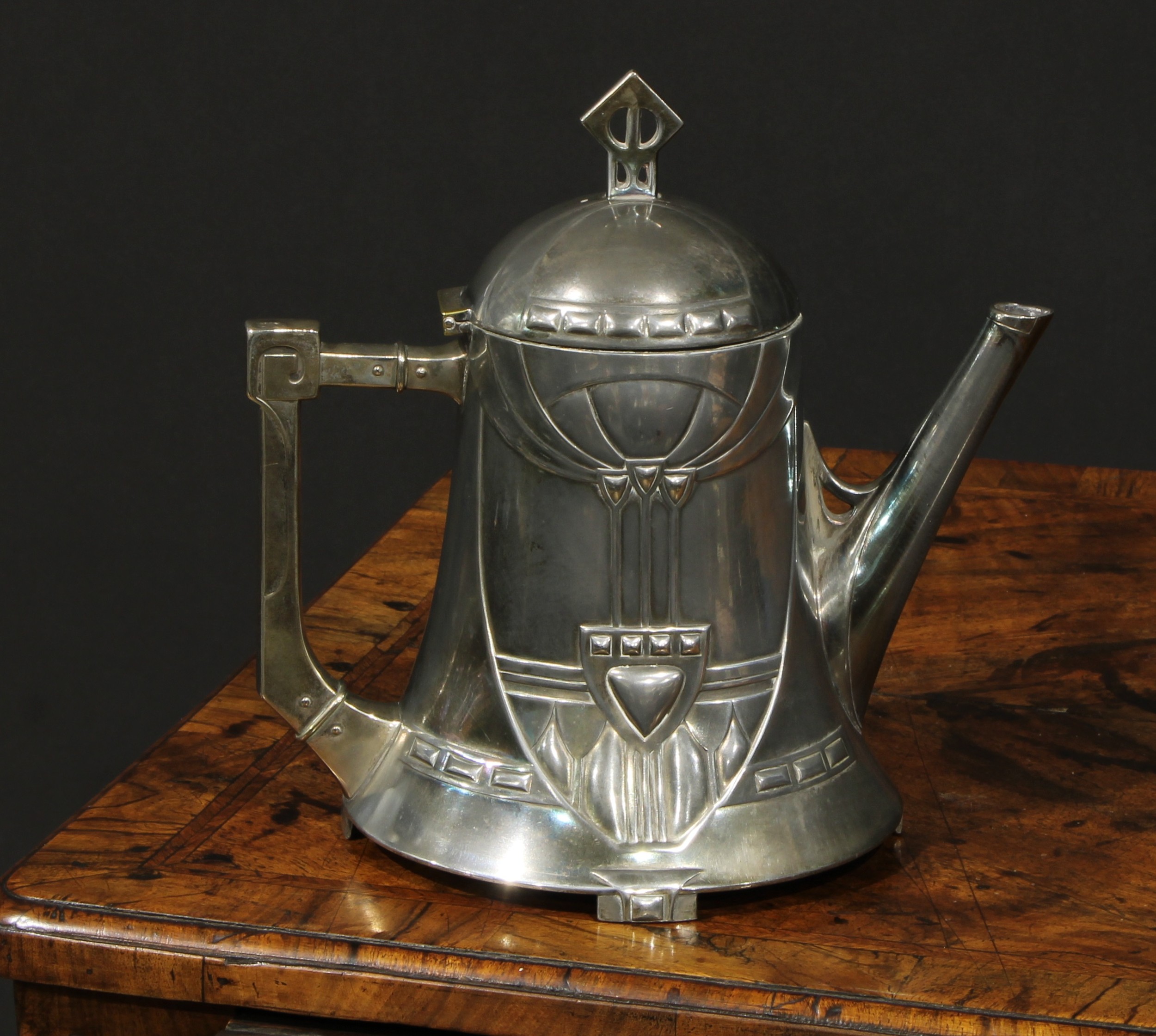 A W.M.F. Art Nouveau Jugendstil silver plated teapot, Ginkgo design, of spreading cylindrical