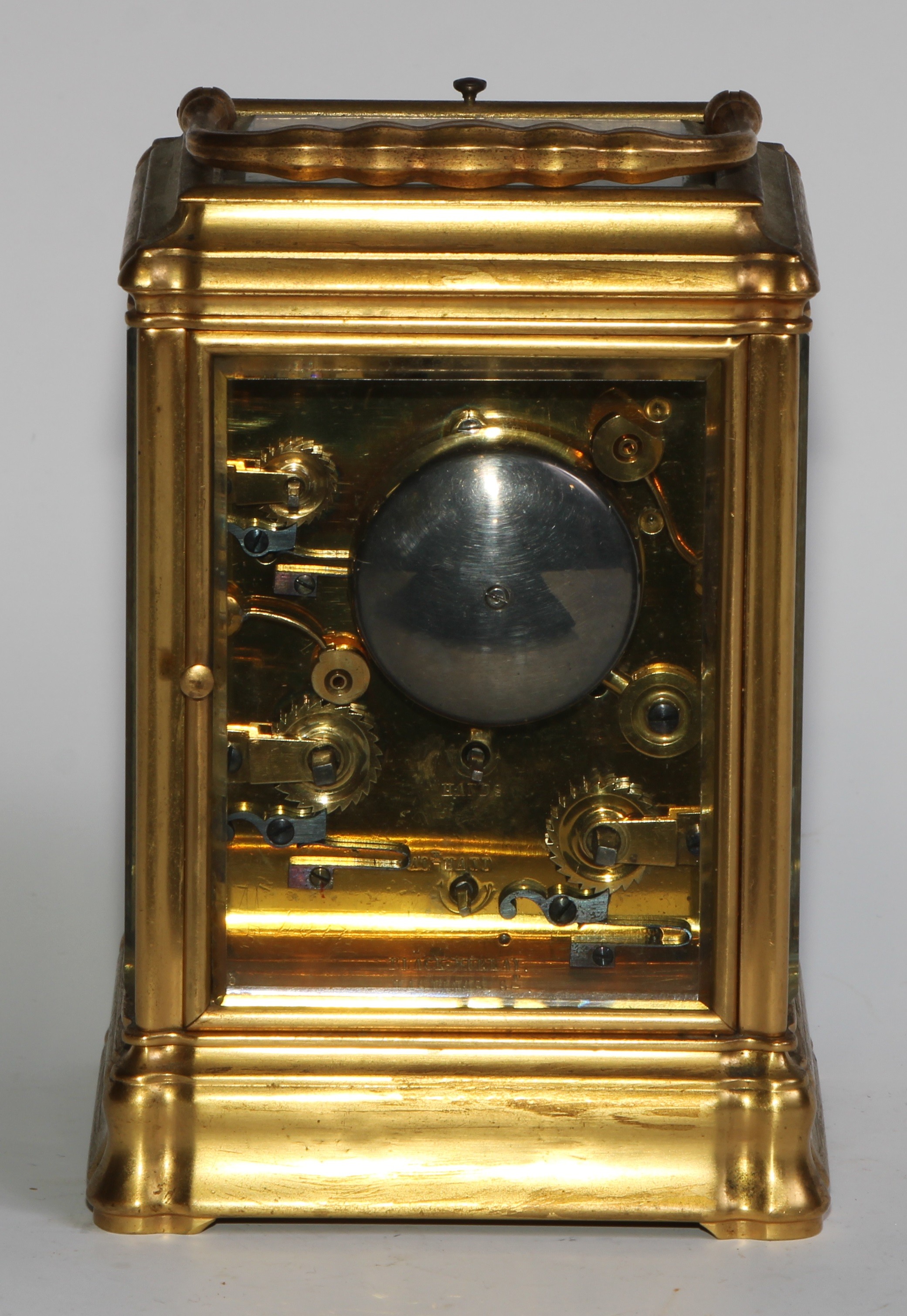 A 19th century Anglo-Indian gilt brass repeater carriage clock, 7cm rectangular enamel dial with - Image 6 of 8