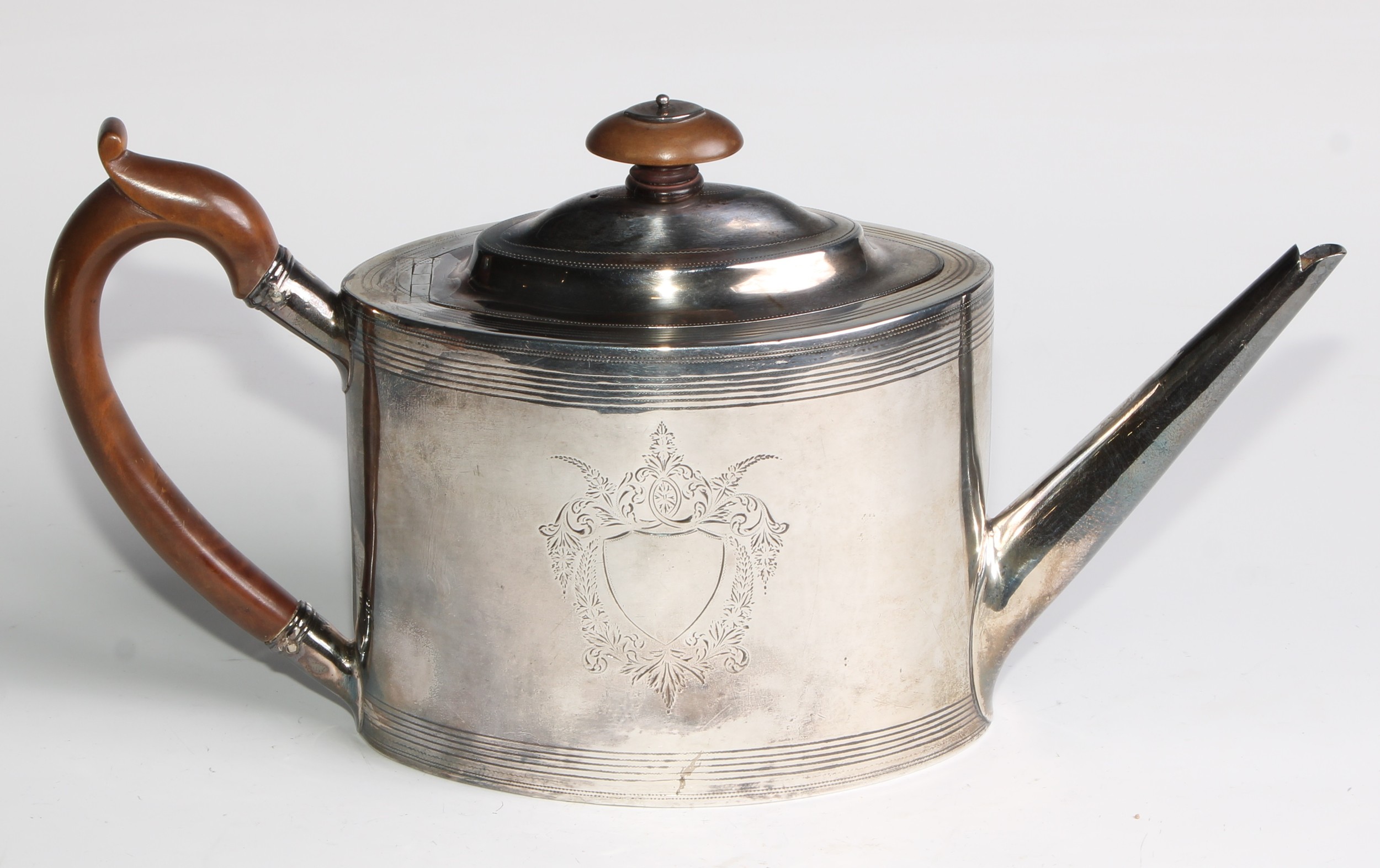 A George III silver oval drum shaped teapot, bright-cut and wrigglework engraved with bands and - Image 4 of 10