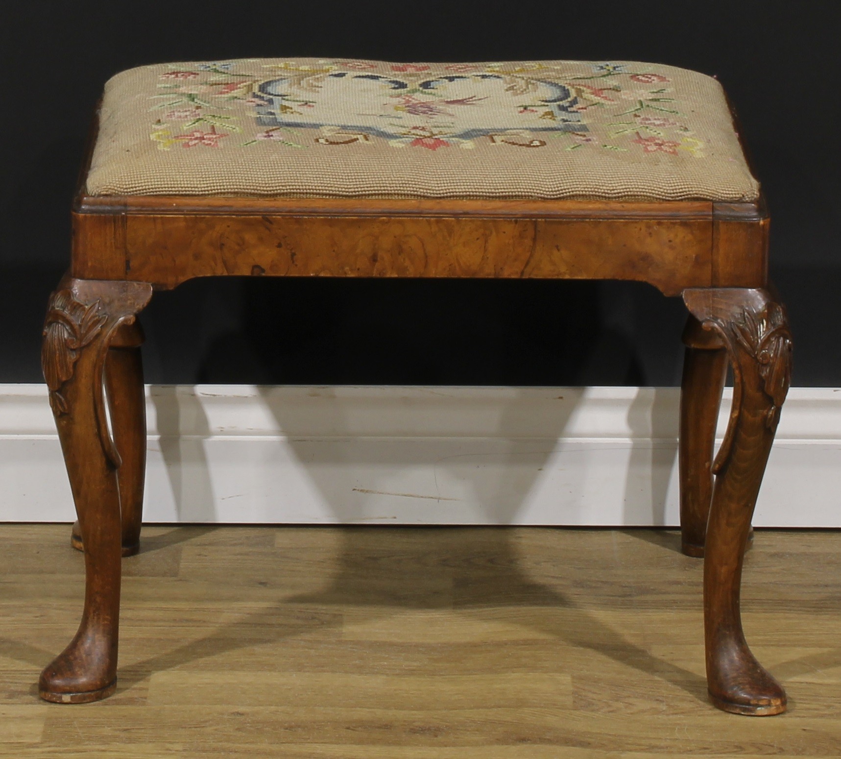 A George II Revival walnut and beech stool, drop-in seat, cabriole legs, pad feet, 43cm high, 58cm - Image 4 of 4