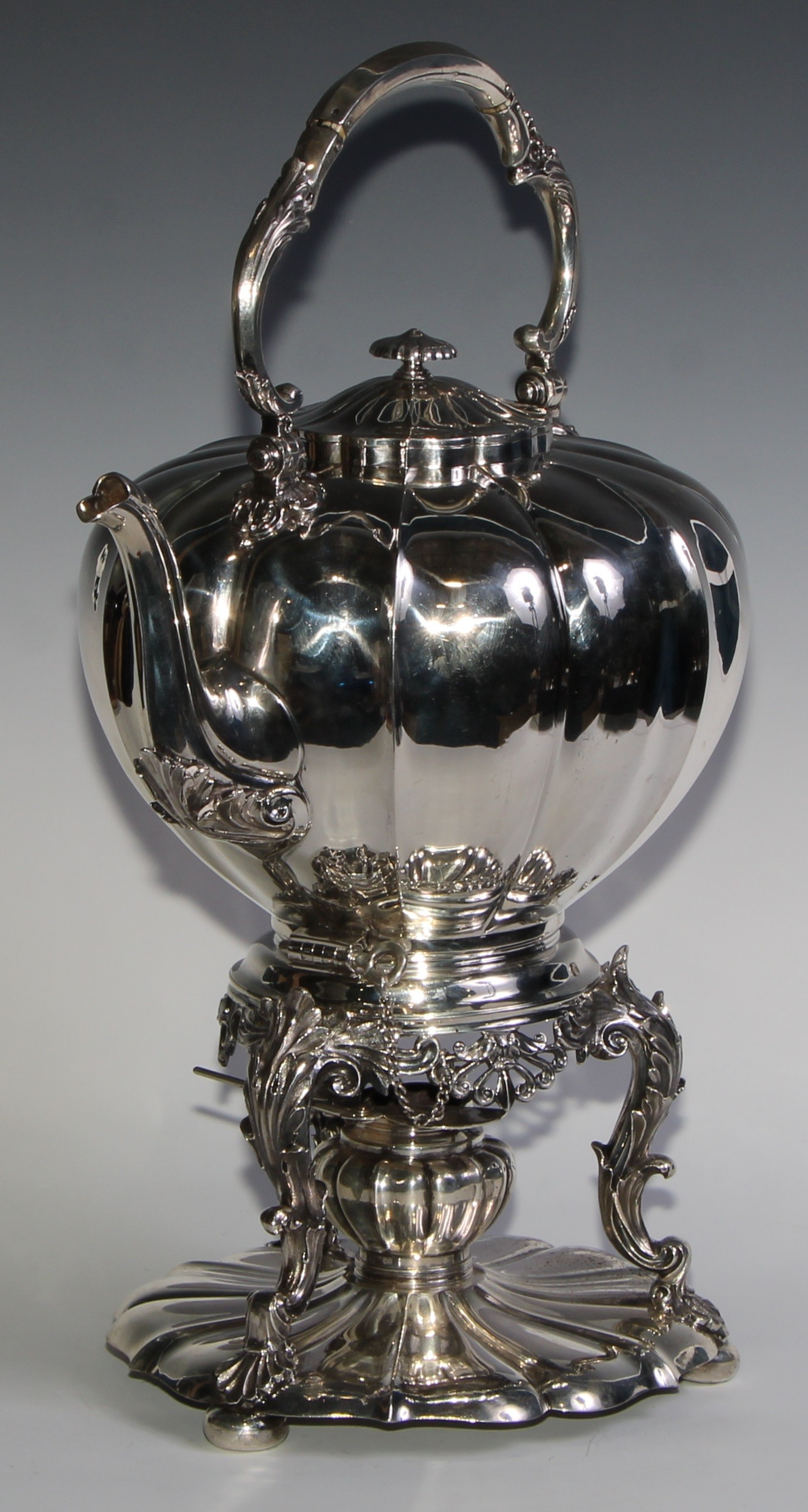 A large early Victorian Rococo Revival silver melon shaped tea kettle, stand and burner, swing - Image 3 of 8