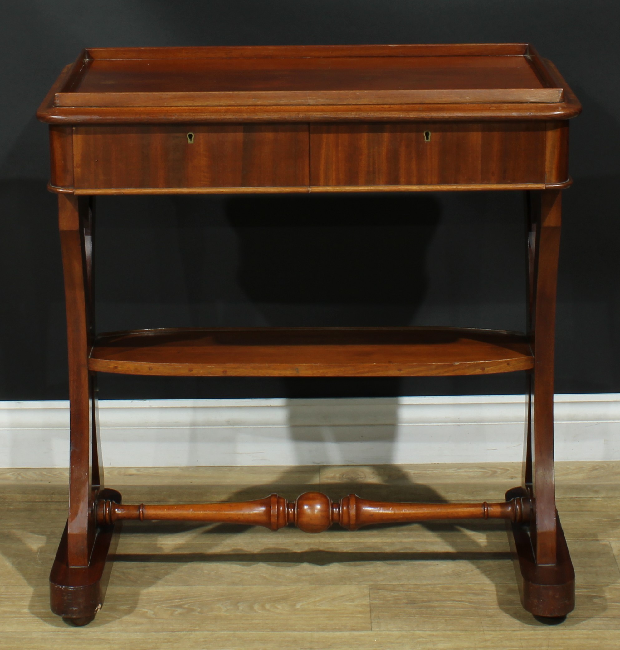 An early Victorian mahogany silver table, rounded rectangular galleried top above a pair of frieze - Image 2 of 6