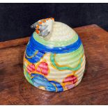 A Clarice Cliff Bizarre Fantasque Blue Chintz pattern ribbed honey pot and cover, the moulded