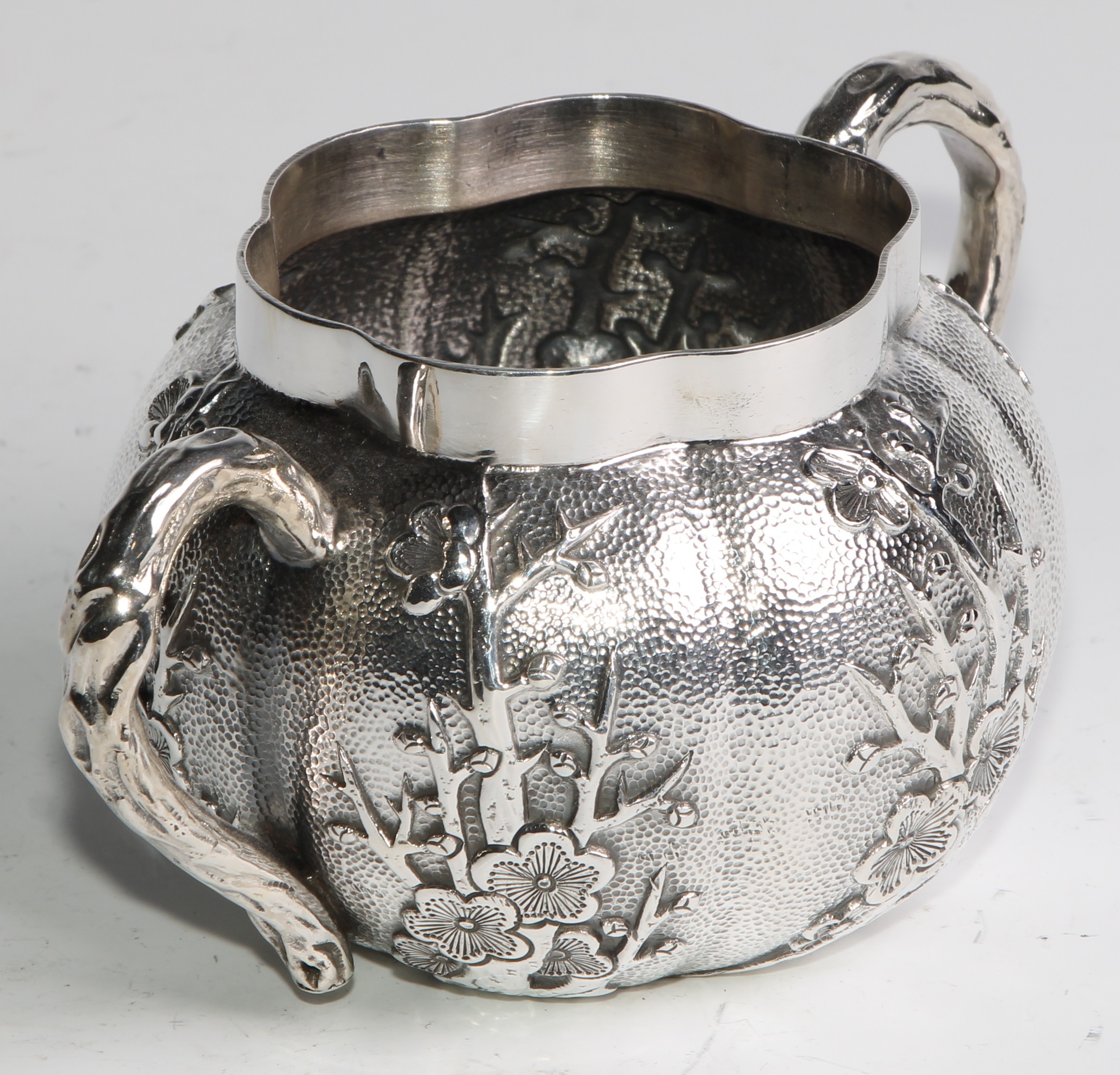 A Chinese silver three piece melon shaped tea service, comprising teapot, milk jug and sucrier, - Image 13 of 14