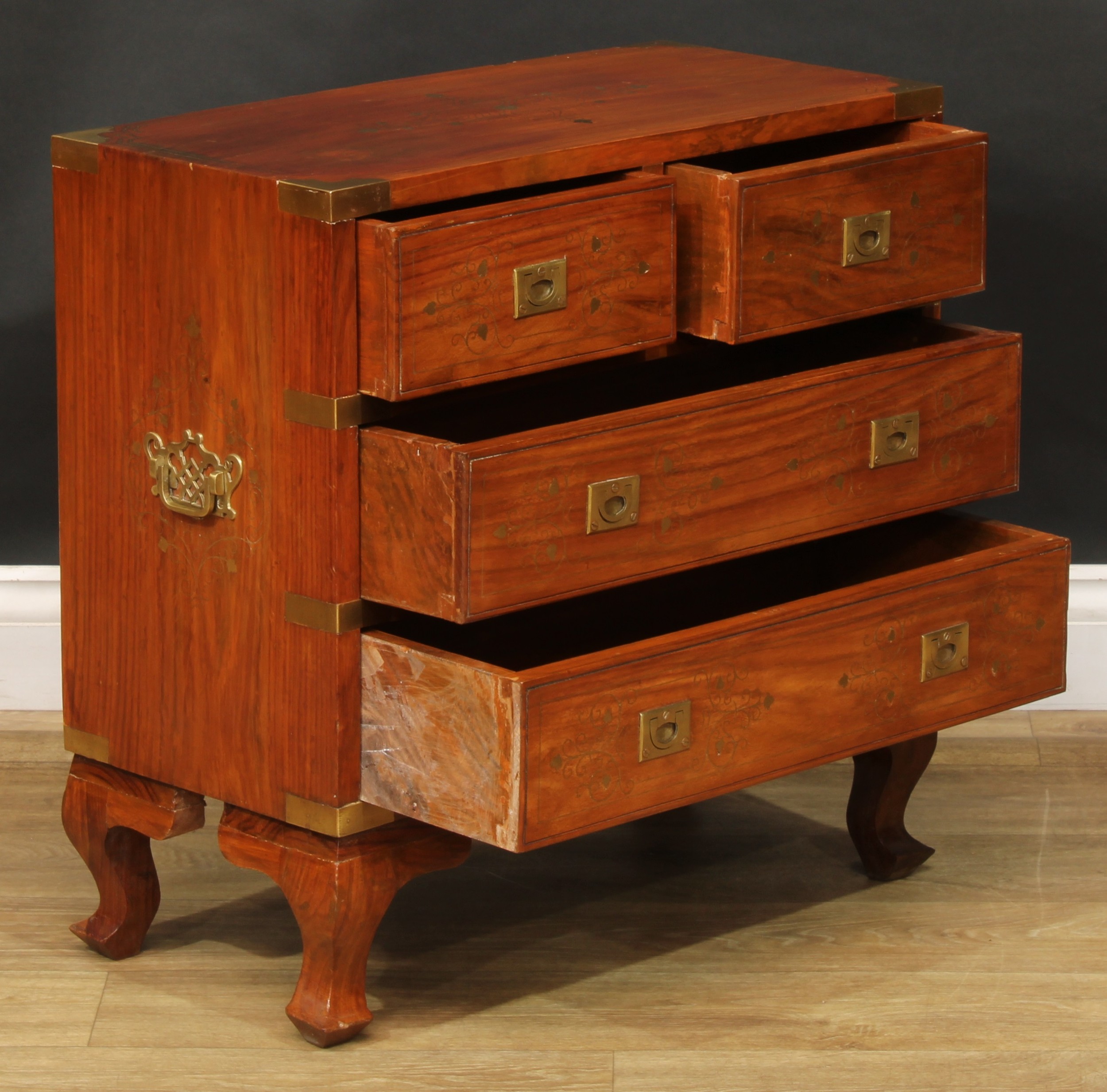 An Anglo-Indian design hardwood and brass marquetry chest, in the campaign manner and of small and - Image 3 of 5
