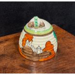 A Clarice Cliff Bizarre Fantasque Alton pattern ribbed honey pot and cover, the moulded