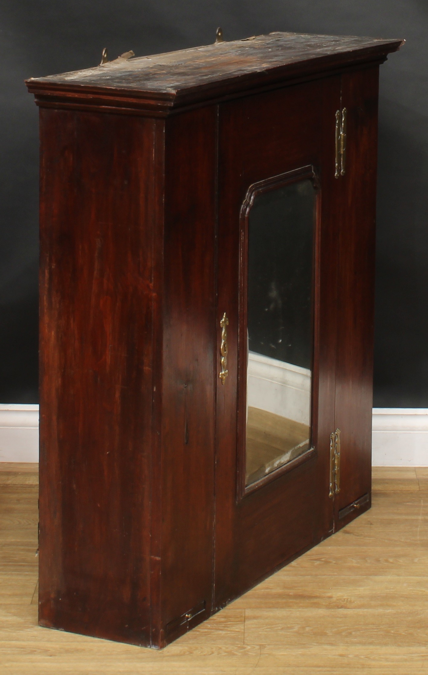 A George III mahogany wall-hanging provision cupboard, moulded cornice above a rectangular door with - Image 3 of 5