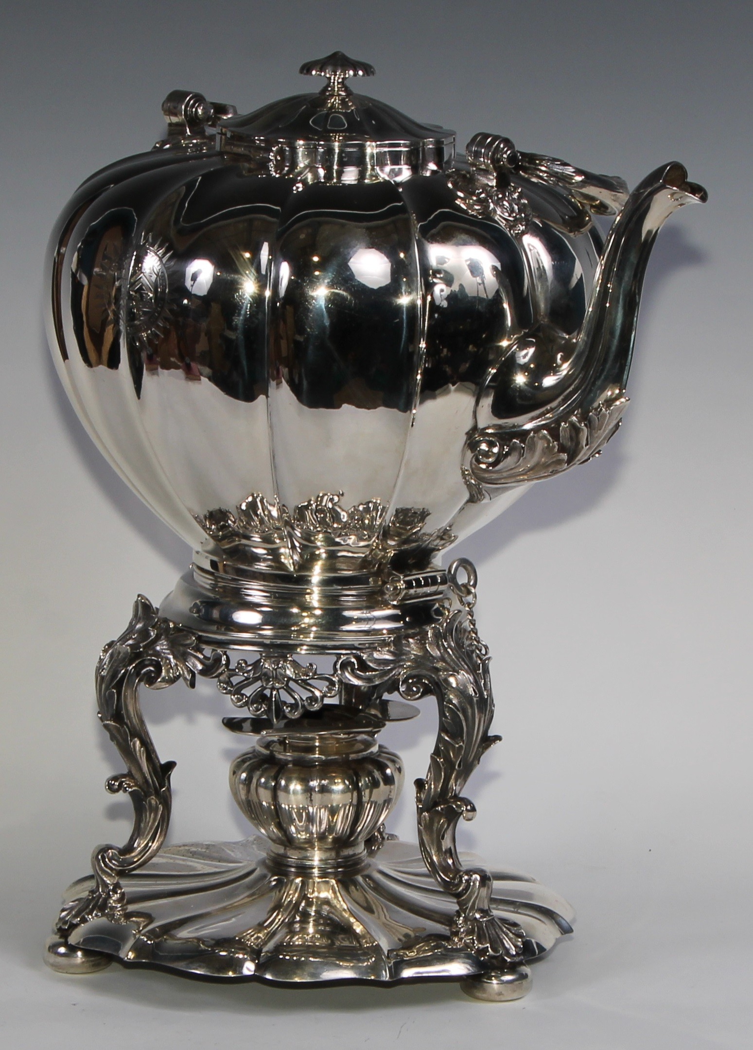 A large early Victorian Rococo Revival silver melon shaped tea kettle, stand and burner, swing - Image 7 of 8