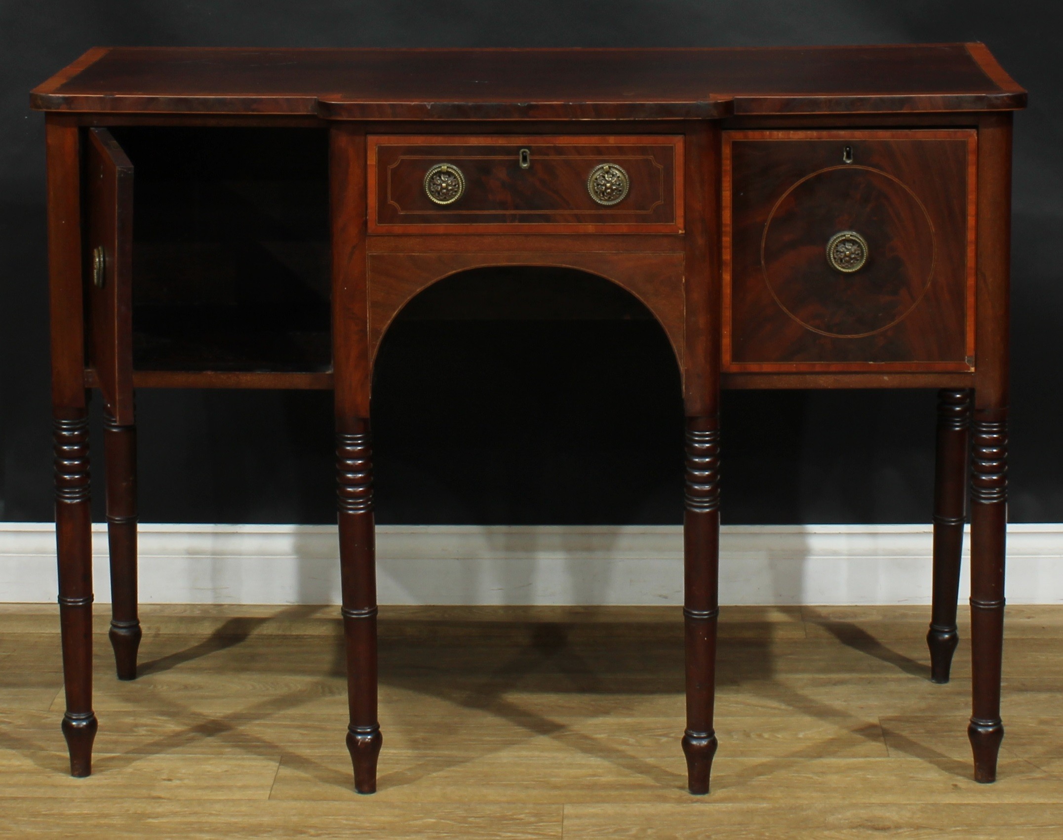 A George III Revival satinwood crossbanded mahogany serving table or sideboard, of small and neat - Image 3 of 7