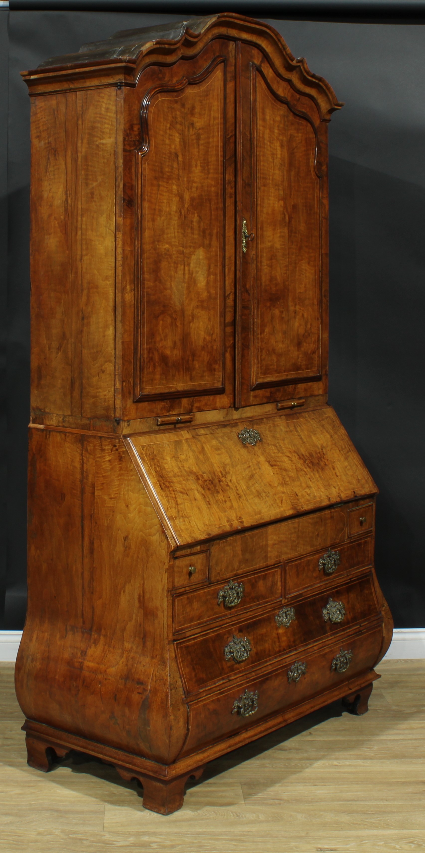 An 18th century Dutch walnut bureau book cabinet, the pair of panel doors above two candle slides - Image 6 of 9