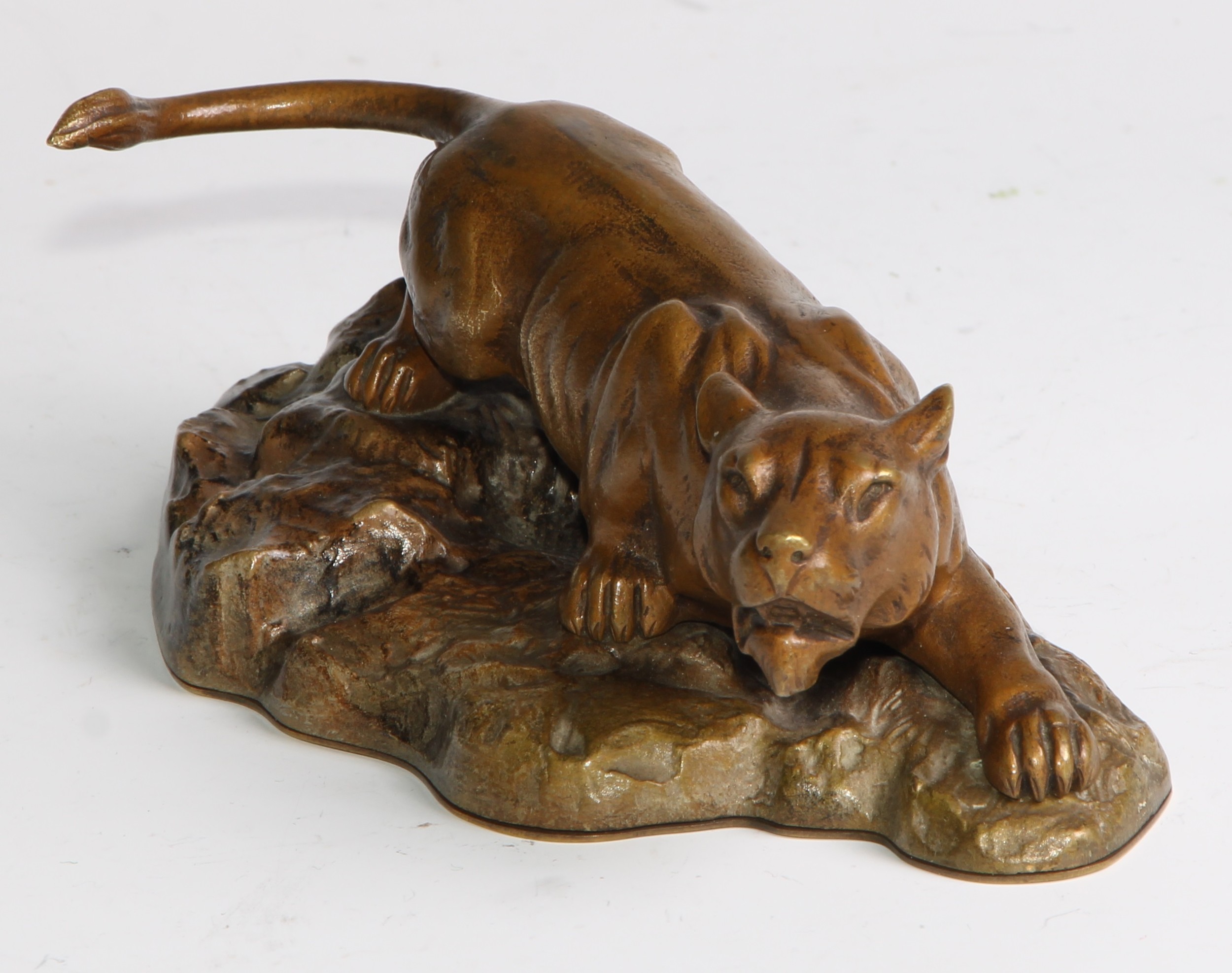 Continental School (early 20th century), a patinated bronze, of a mountain lion, stalking a rocky - Image 3 of 5