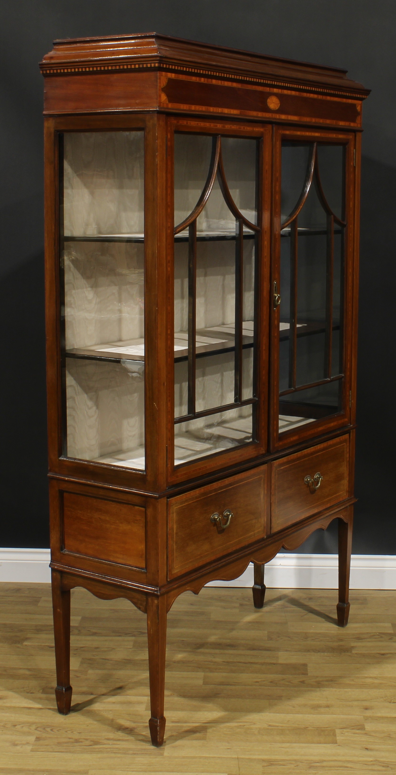 A Sheraton Revival satinwood crossbanded mahogany and marquetry display cabinet, moulded cornice - Image 3 of 6