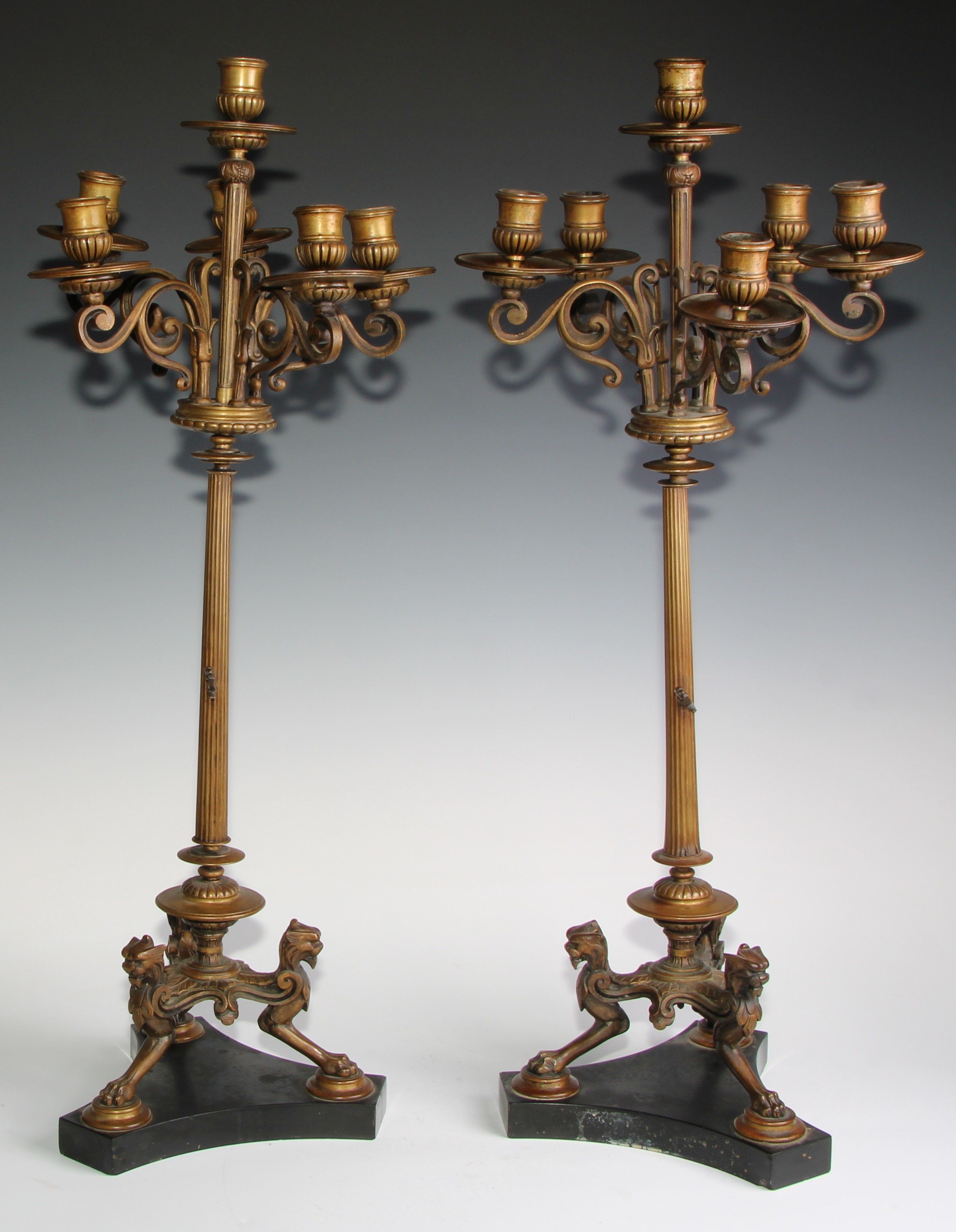 A pair of tall 19th century French bronze five-light candelabra, in the Grand Tour taste, half- - Image 2 of 6