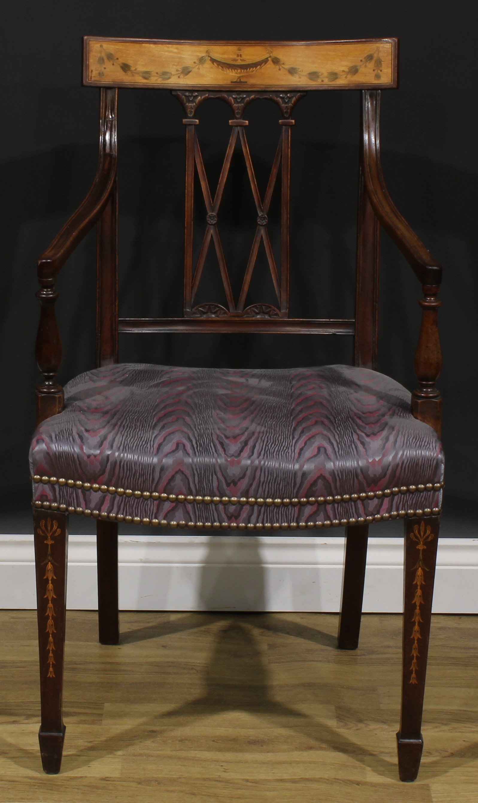 A pair of Sheraton Revival mahogany and marquetry elbow chairs, each cresting rail inlaid with an - Image 2 of 9