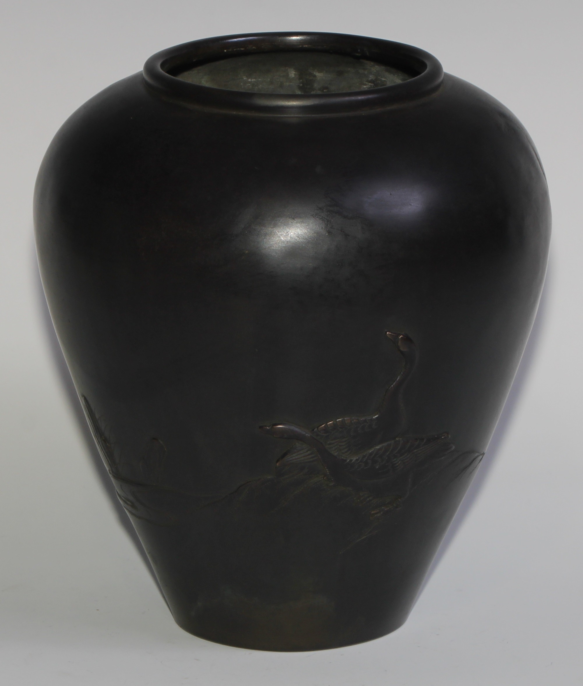 A pair of Japanese dark patinated bronze ovoid vases, cast with carp and geese, 21cm high, signed, - Image 3 of 10