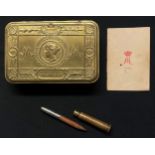 WW1 British Princess Mary's Gift Tin 1914 complete with Bullet Pencil and 1914 Greetings Card.