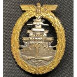 WW2 Third Reich Flotten-Kriegsabzeichen - High Seas Fleet War Badge. Early Tombak example. Maker