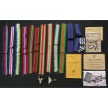 WW2 British Medal Ribbons x 11 each approx. 33cm in length, cloth formations signs, AFS button,