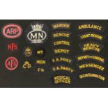 WW2 British ARP/Civil Defence and other screen printed insignia collection to include 13 CD shoulder
