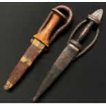 Two African Sleeve Daggers: one with gold painted wooden grip with 134mm long double edged blade,