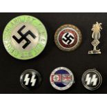 Reproduction Enamel badges, Golden NSDAP membership badge, fantasy SS badges, German- British