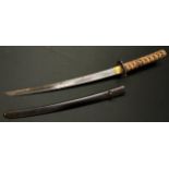 Japanese Wakizashi Sword with single edged blade 520mm in length. Hamon line to blade. Tang is