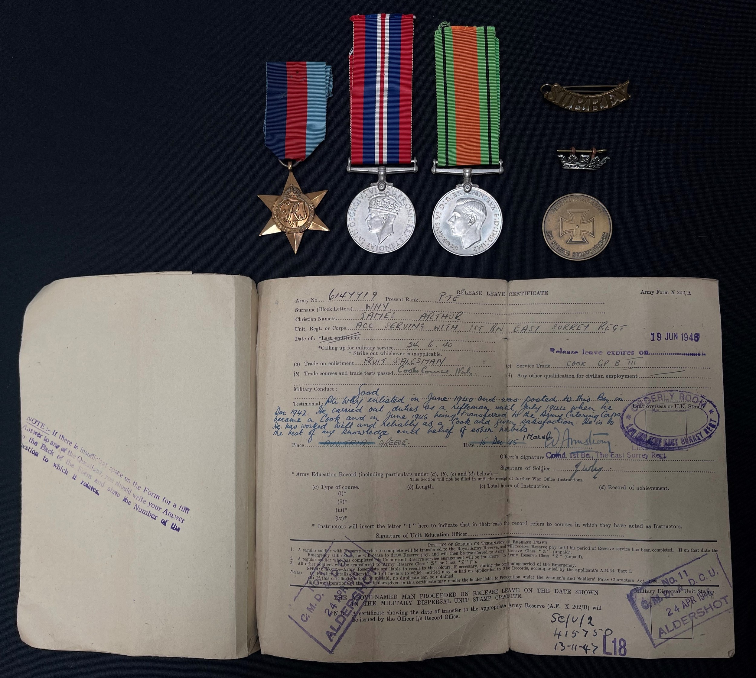 WW2 British Medal Group comprising of 1939-45 Star, War Medal and Defence Medal to 6147719 Pte James