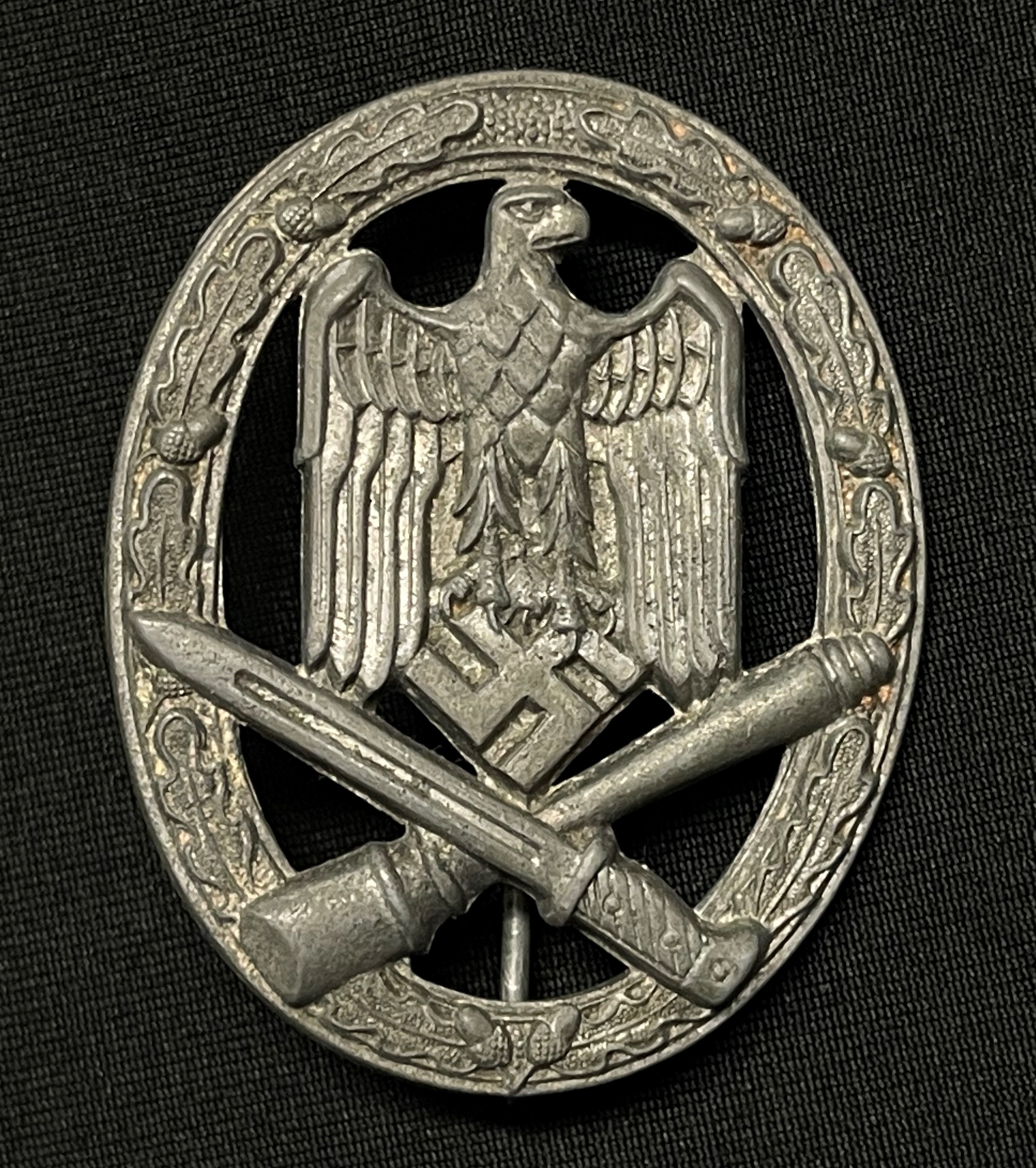 WW2 Third Reich Allgemeines Sturmabzeichen - General Assault Badge. Zink. Maker marked Assmann along