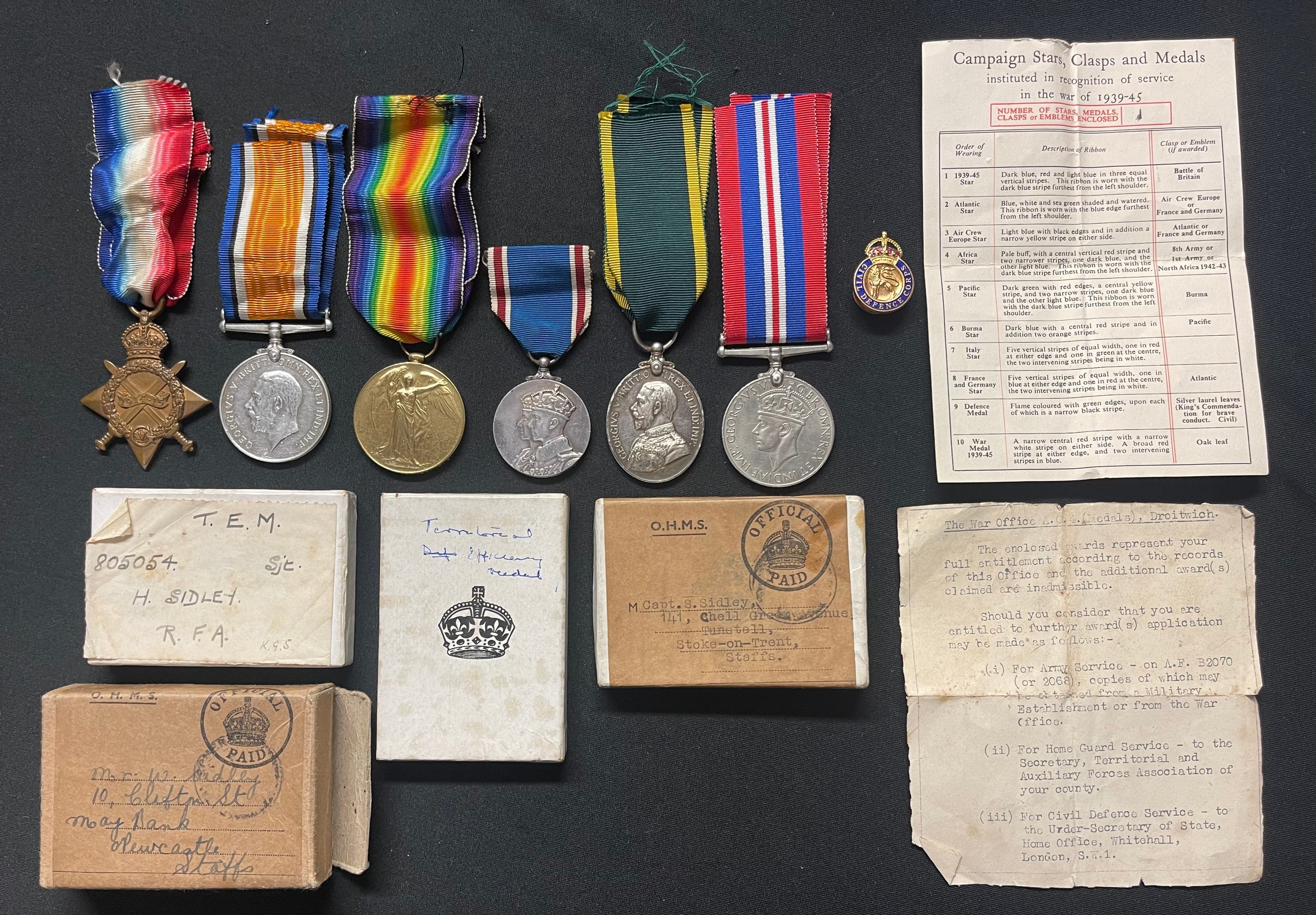 British WW1 & WW2 Royal Artillery Medal Group 643 Bmbr. H Sidley RFA comprising of 1914-15 Star,