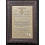 WW2 Third Reich Reichpost promotion document to Fritz Heinz Just in original frame. Signed in ink.