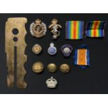 WW2 British items: WW1 Brass Buttons stick: enamel badges, Derbyshire Yeomanry Old Comrades