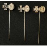 WW2 Third Reich Stick Pin Collection comprising of: 1939 EKII + Silver Wound Badge x 3: one has been