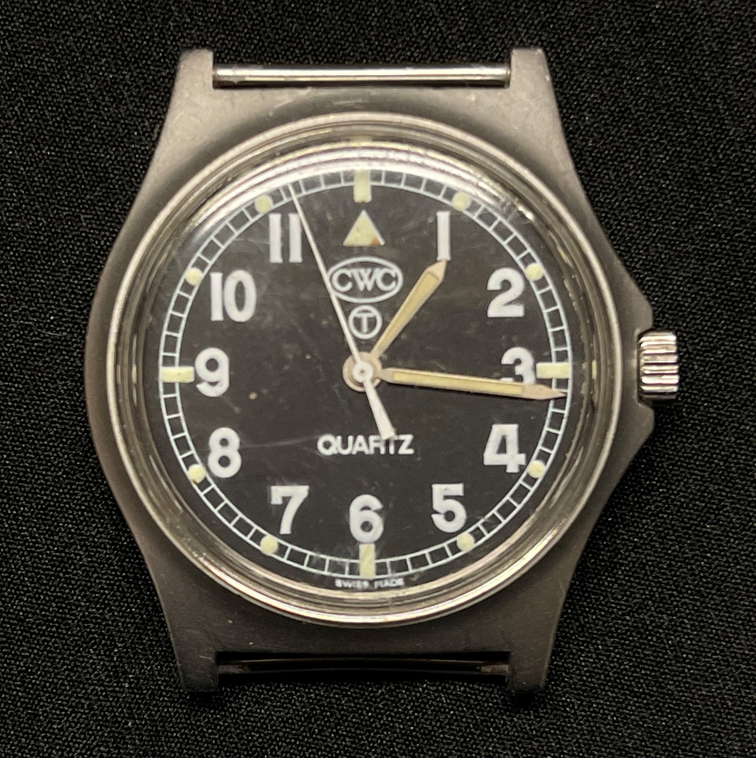 British Royal Navy Issue Quartz Wristwatch by CWC with Hacking Seconds 1989. Black dial with - Image 2 of 4