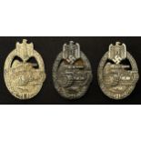 Reproduction Panzer Assault Badges in Silver x 3. Includes one older 1970's Souval copy. (3)