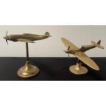 WW2 British Trench Art Brass Desk Ornaments in the form of a Spitfire and a Messerschimt 109 fighter